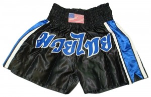 Satin Kickboxing Muay Thai shorts in black blue color best for mma muay thai boxing kickboxing fighting shorts