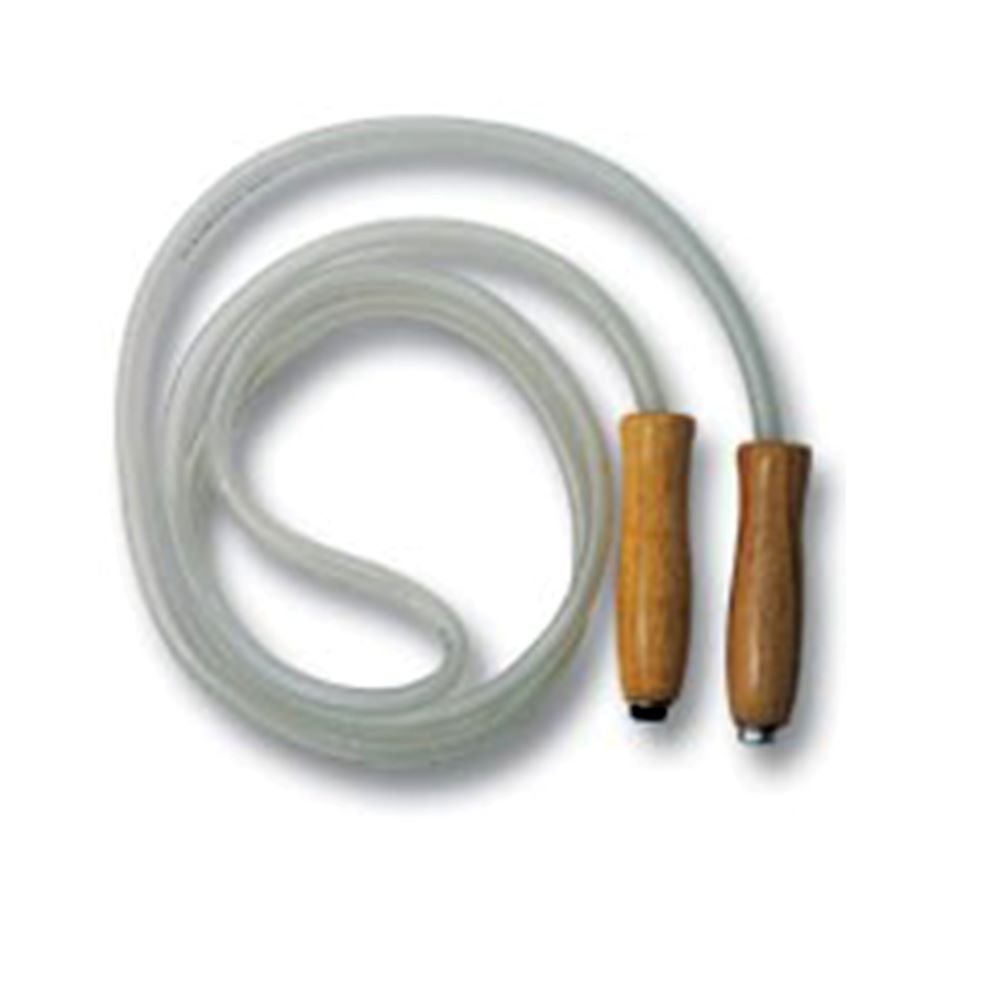 Plastic jumping skipping rope consists of pvc cord with wooden handles