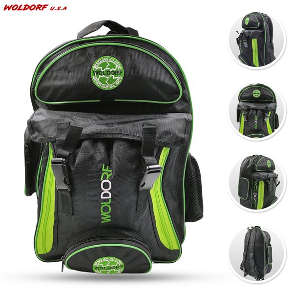 Woldorf USA Nylon backpack with Spacious Mesh Compartments – Amazing Heavy Duty Backpacking for BJJ Training, Gym, Hiking and Best for Laptop Storage – Black Green Large