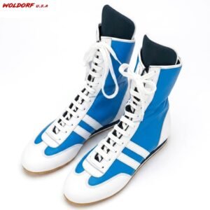 Boxing Shoes White/ Blue in high quality leather best for boxing kickboxing muay thai sparring training competition fight