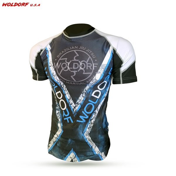 Woldorf USA Sublimation Rash Guard Blk/Blue Sparring Fitness Gym Equipment Grappling Kickboxing Rash Guards Fighting Muay Thai Training Rash Guard