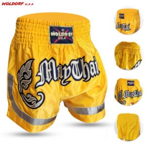 Muay Thai kickboxing shorts special cutt letters yellow in high quality for training mma muay thai boxing kickboxing fights